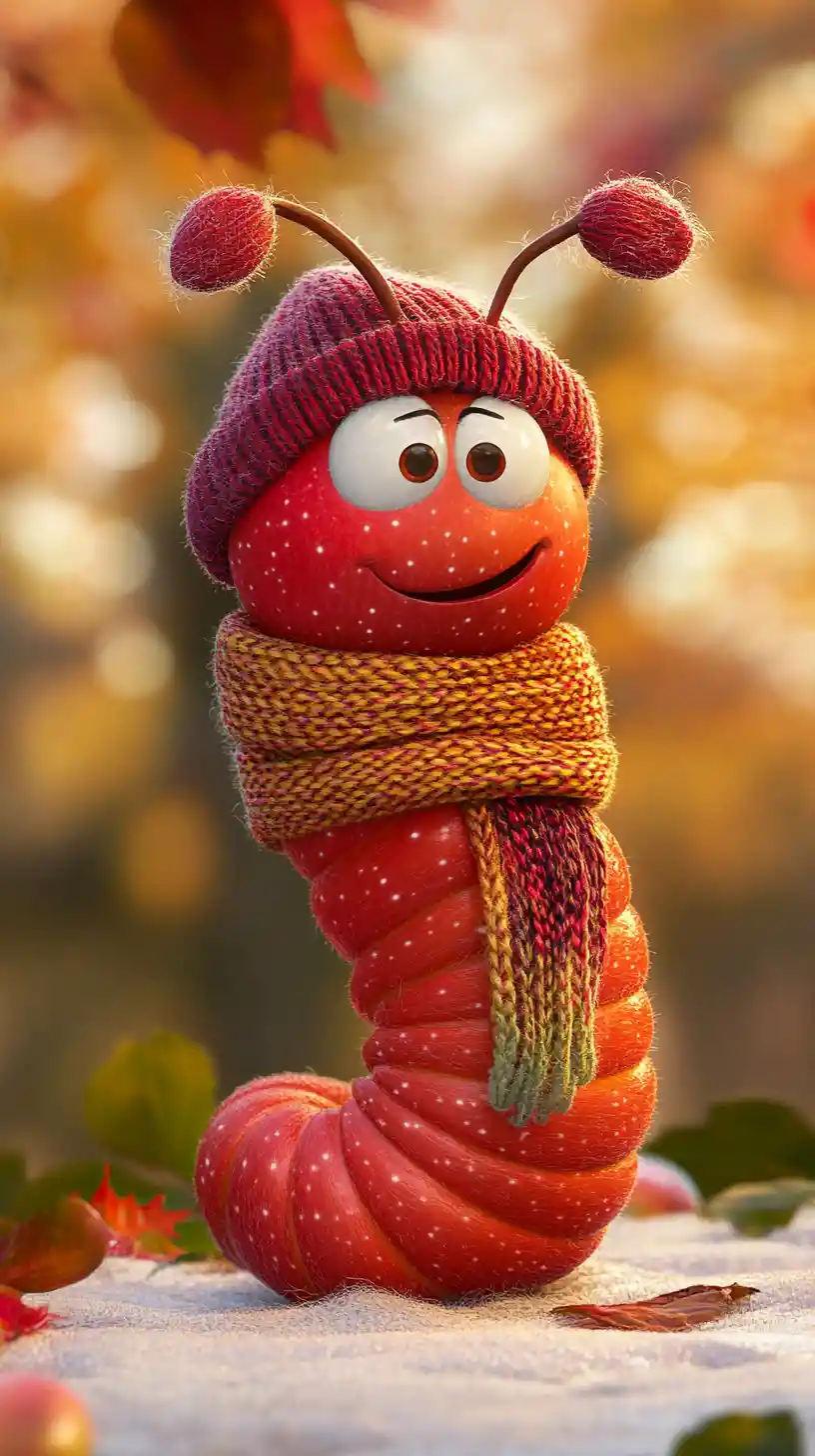 Playful apple worms wearing cozy scarves and hats