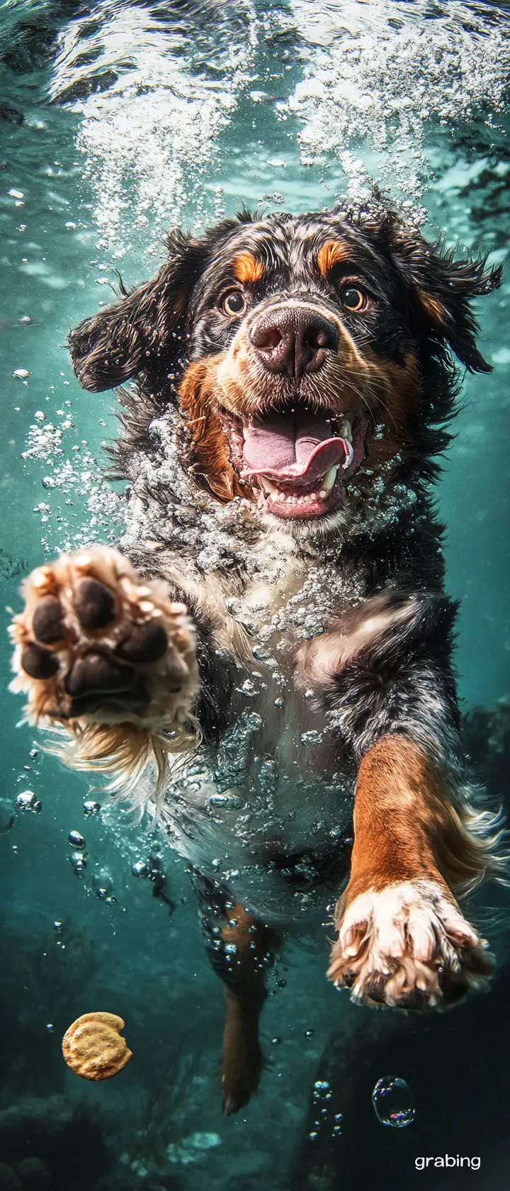 Playful underwater dog reaching with paw and tongue out