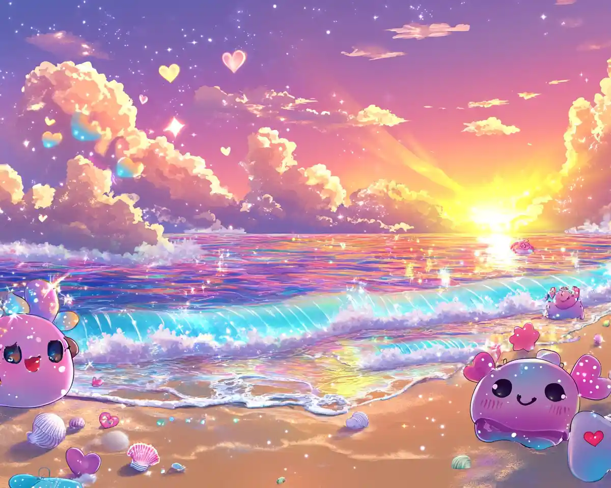 Whimsical anime beach with cute sea turtles at sunset
