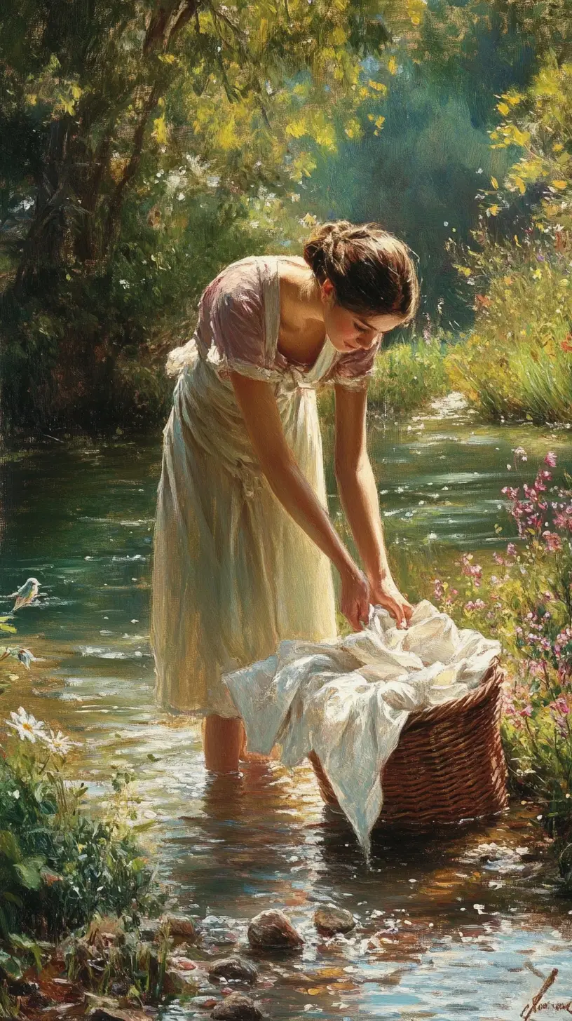 Young woman washing white sheets by a sunny riverbank