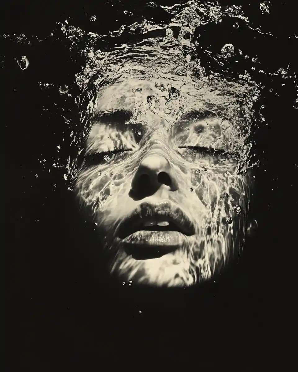 Woman face emerging from a dark reflective water surface