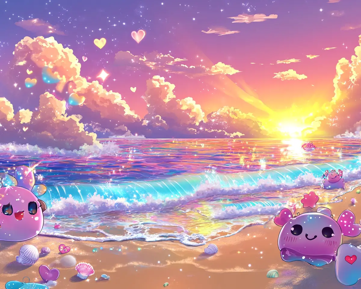 Whimsical anime beach with cute sea turtles at sunset
