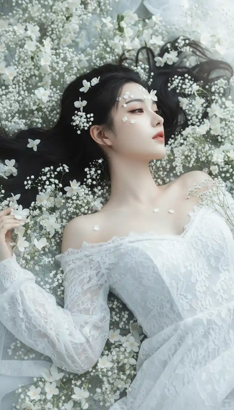 Dreamy portrait of a woman resting in white flowers