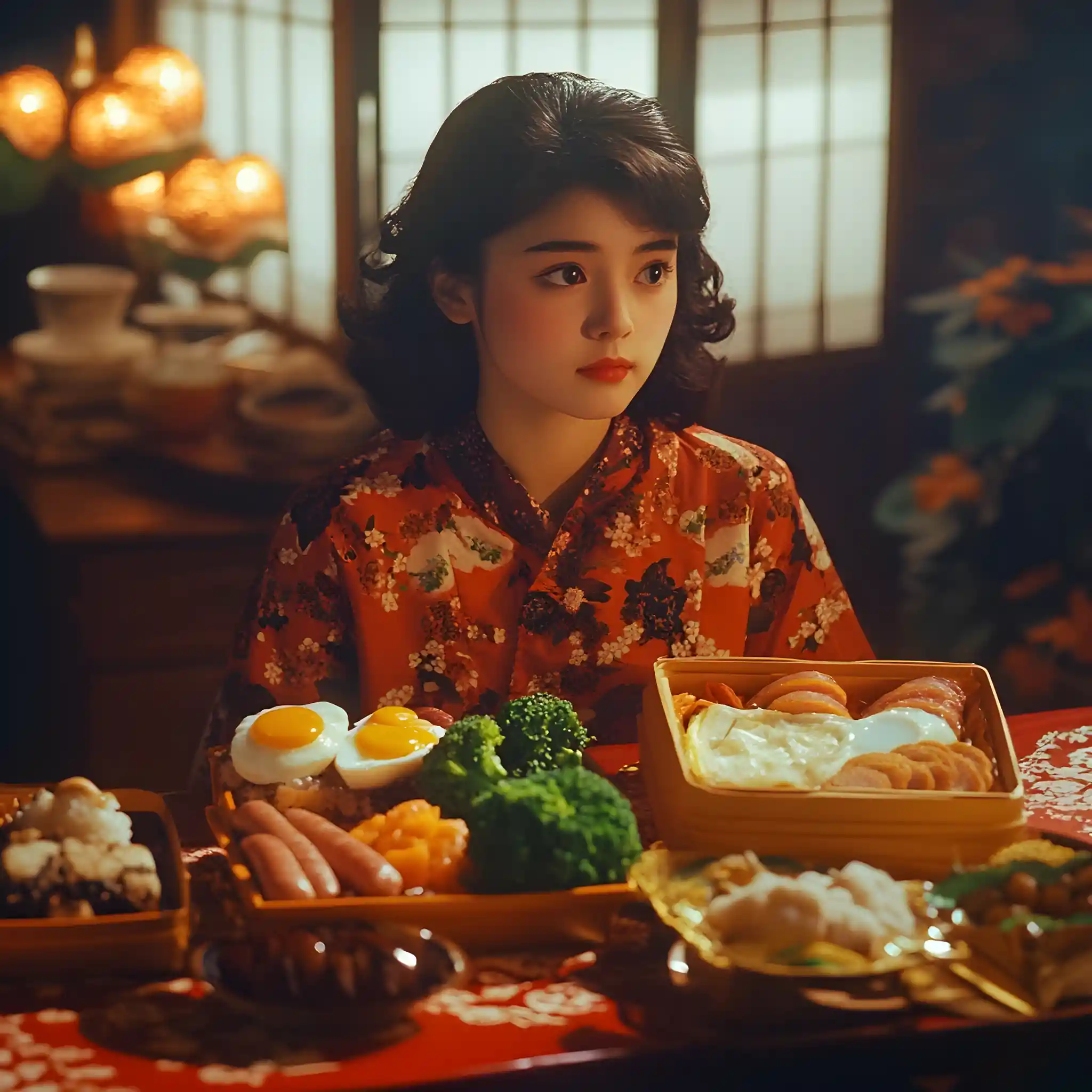 1980s girl with Japanese bento in dramatic light