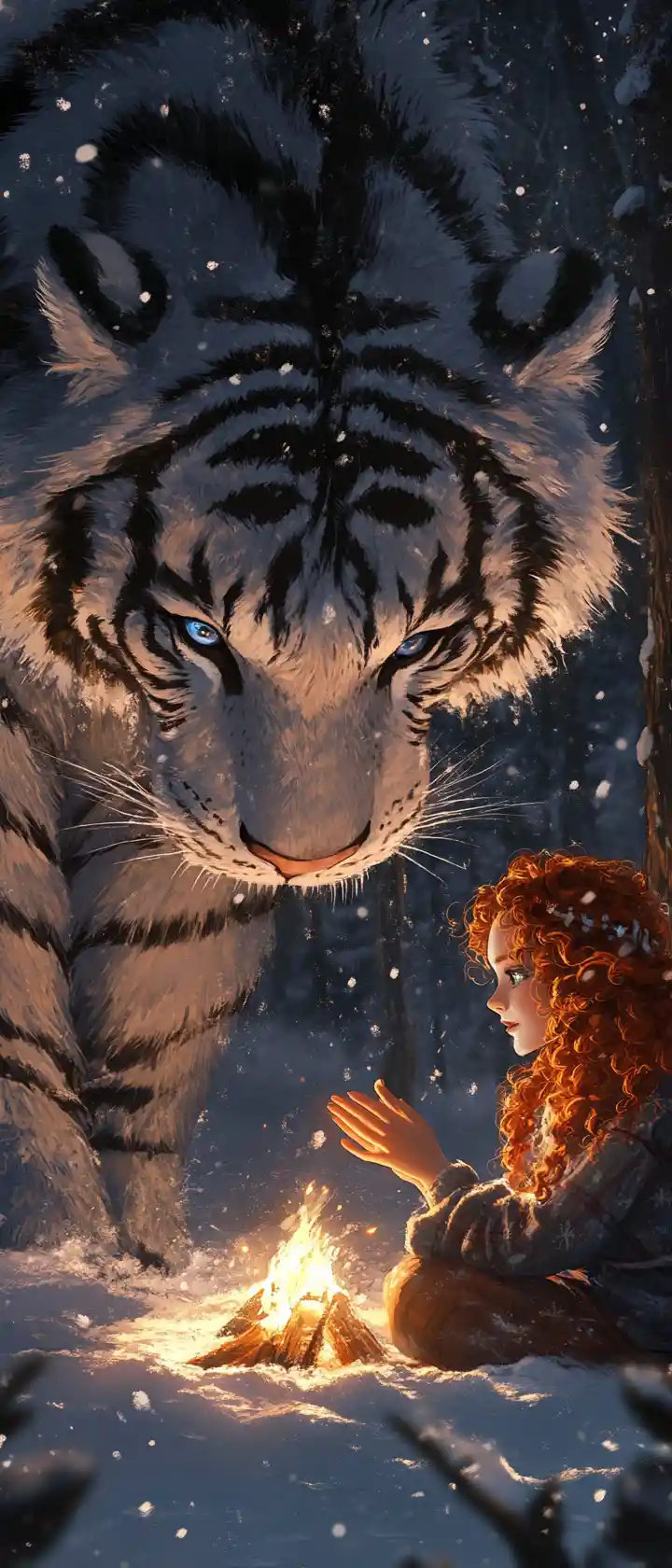 Anime woman by campfire with tiger in snowy forest