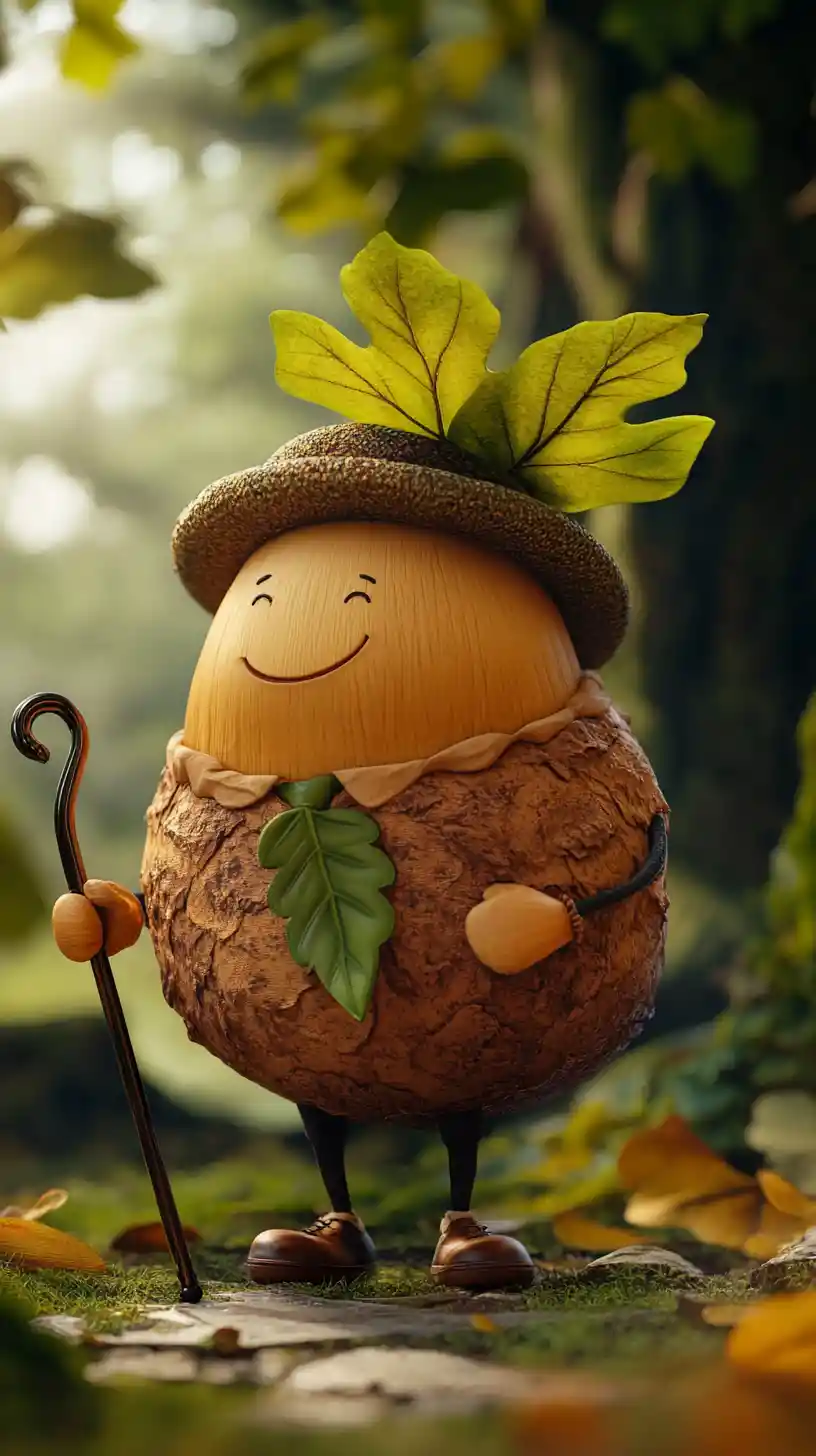 Cheerful Acorn Character With Beret Hat And Cane