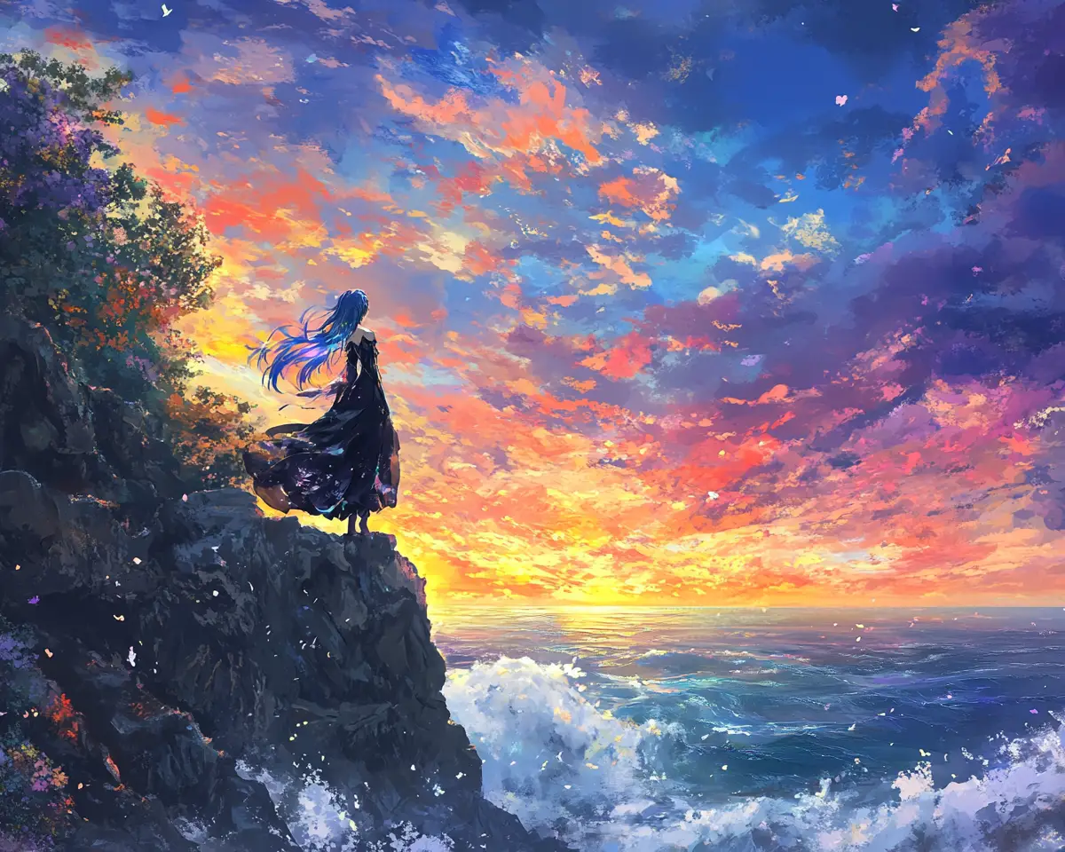 Anime woman on sea cliff at vivid rainbow sunset