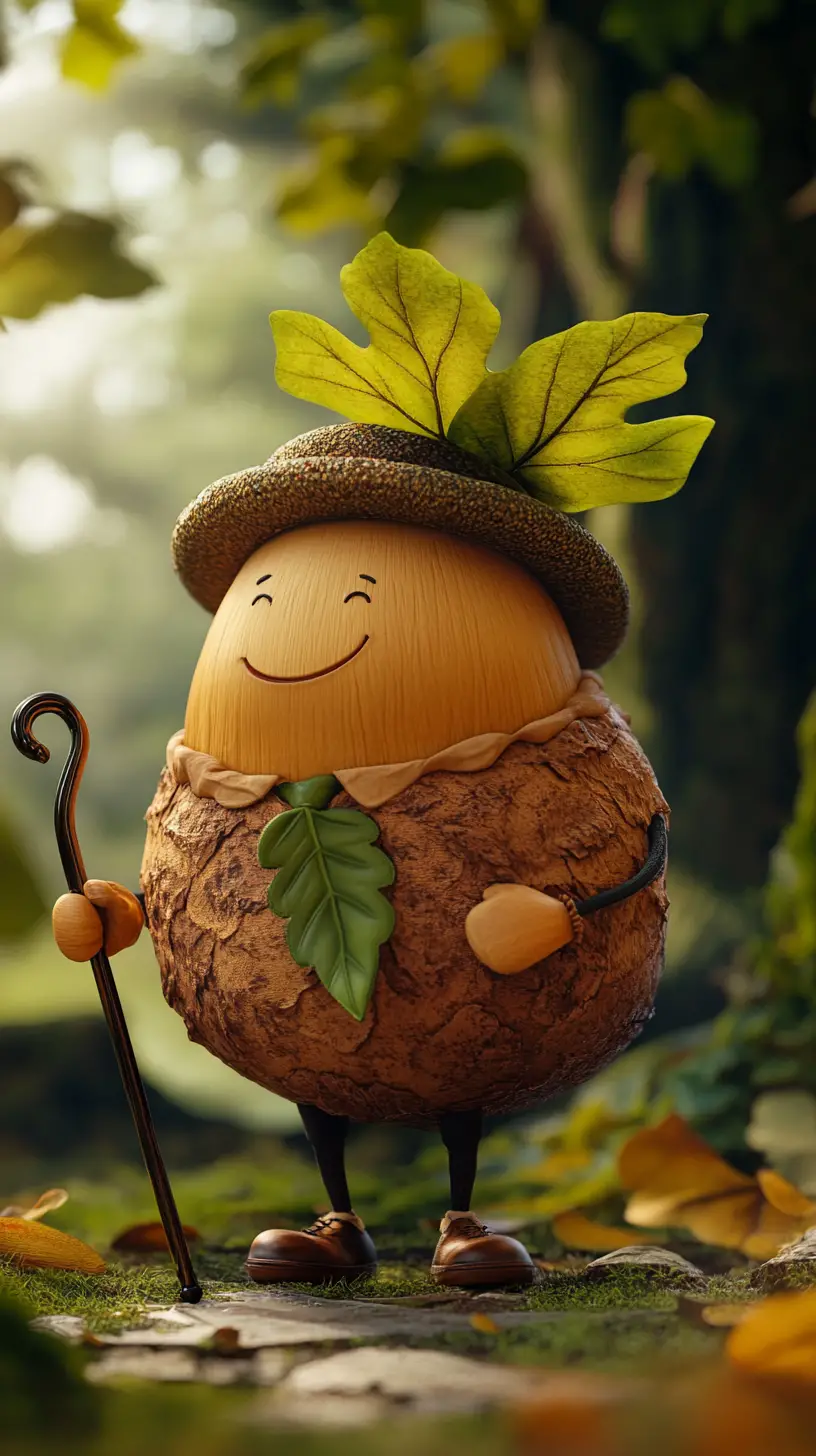 Cheerful Acorn Character With Beret Hat And Cane