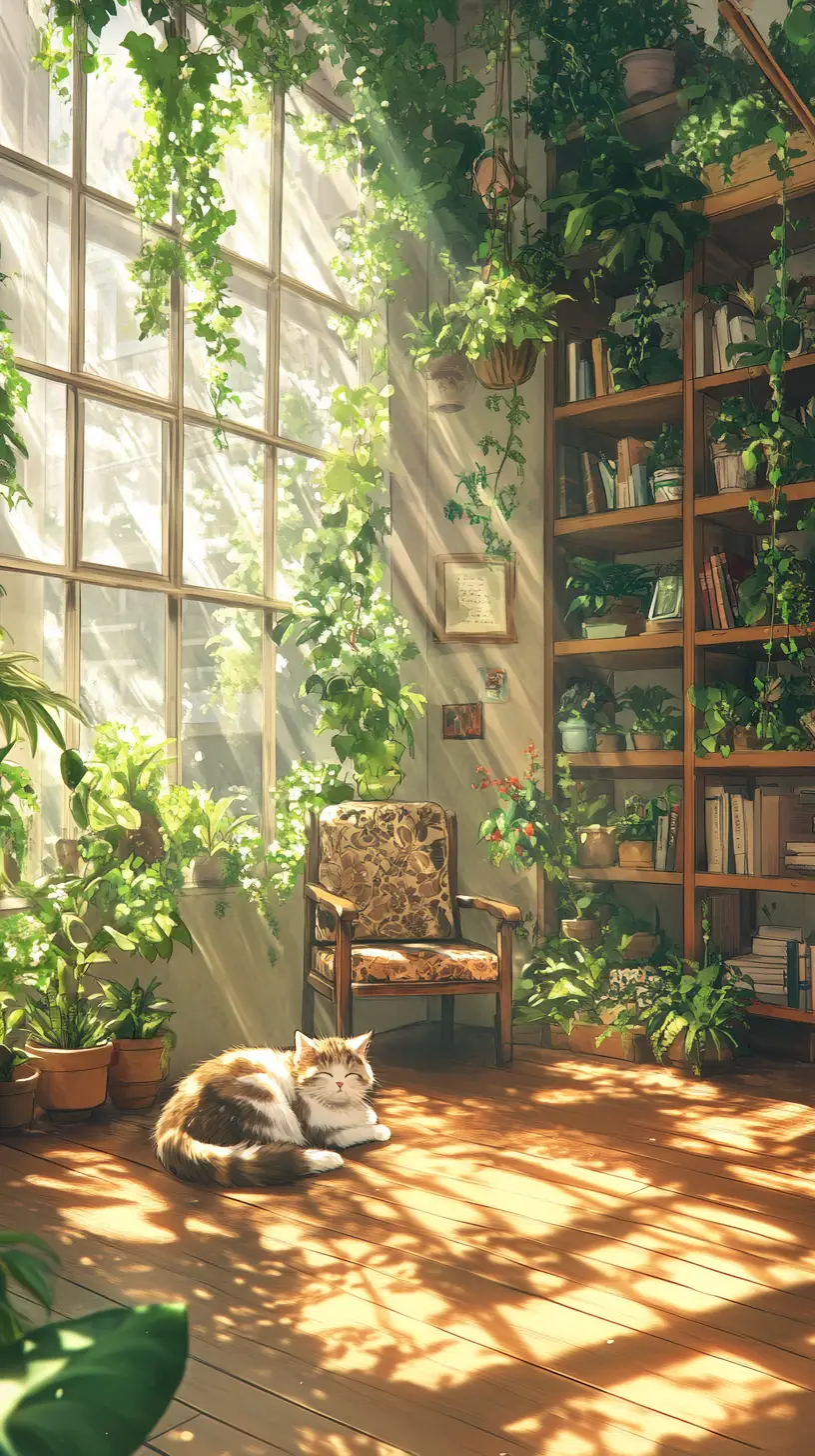 Cozy Anime Room With Sleeping Cat And Lush Plants
