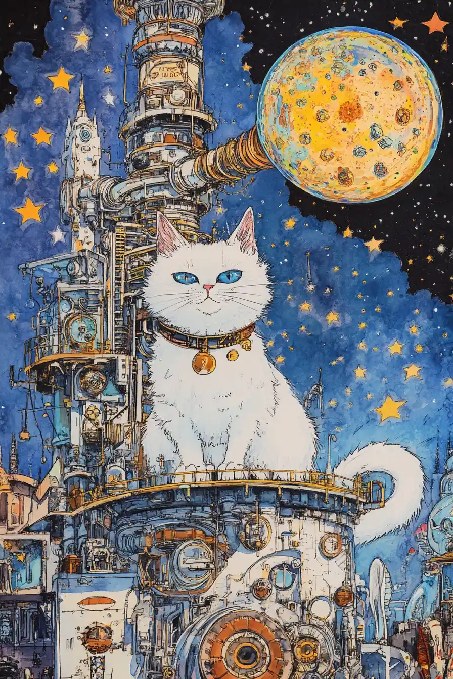 Steampunk star collecting machine with white cat and washer