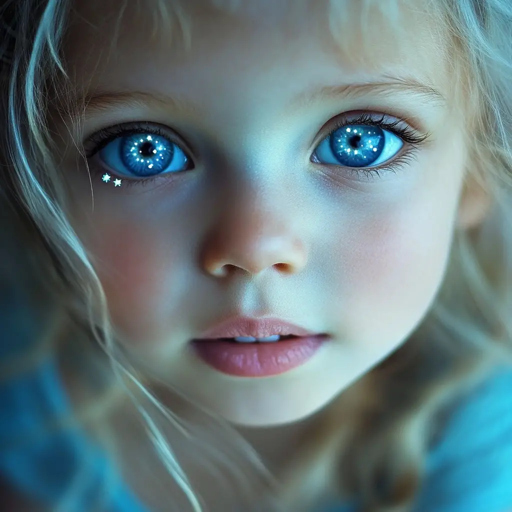 Golden haired girl gazing upward under dramatic starlight