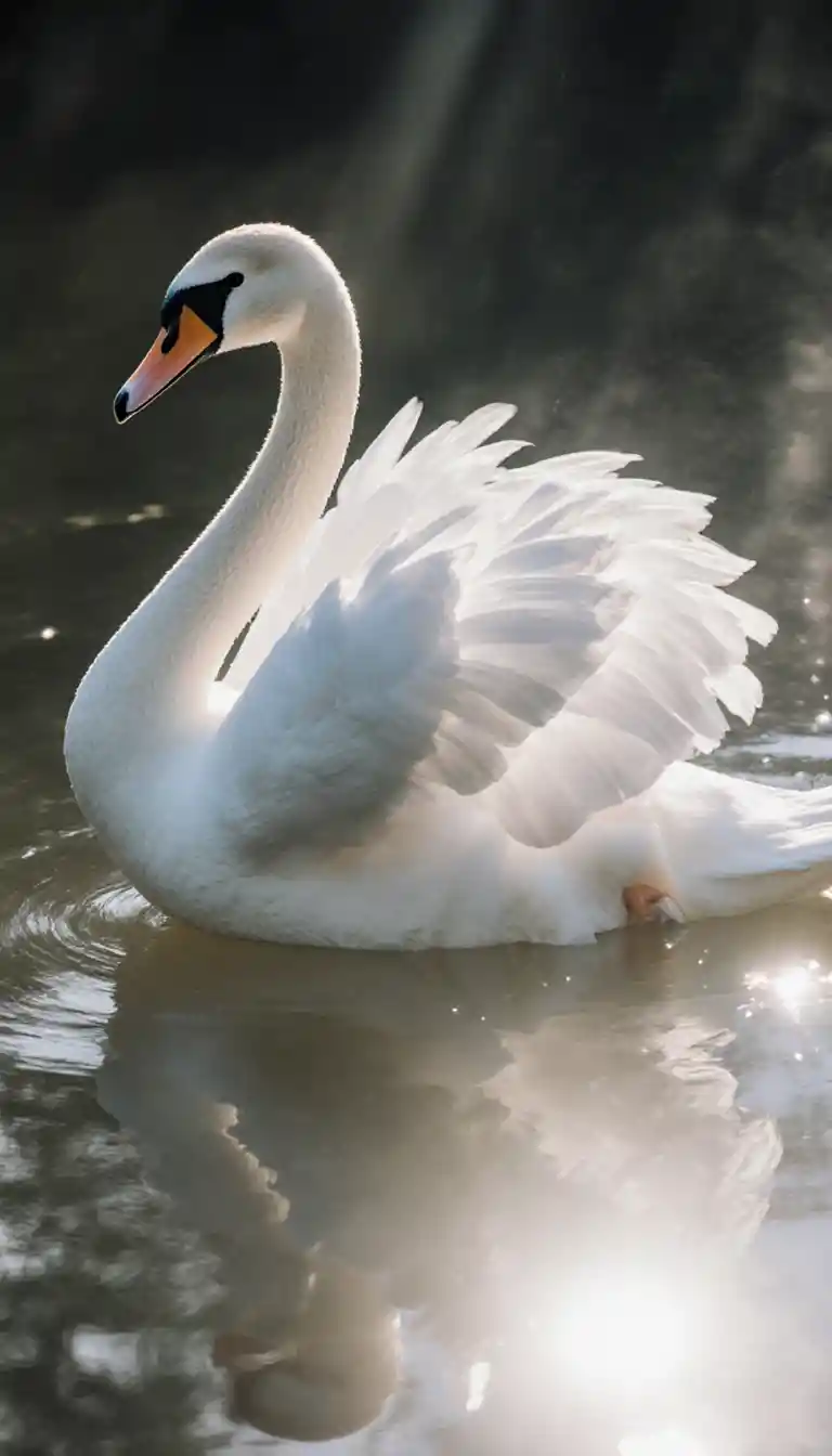 Elegant white swan on a serene sunlit lake scene