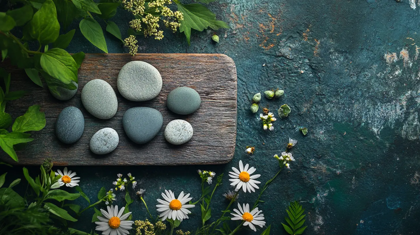 Serene still life of pebbles on rustic wooden board