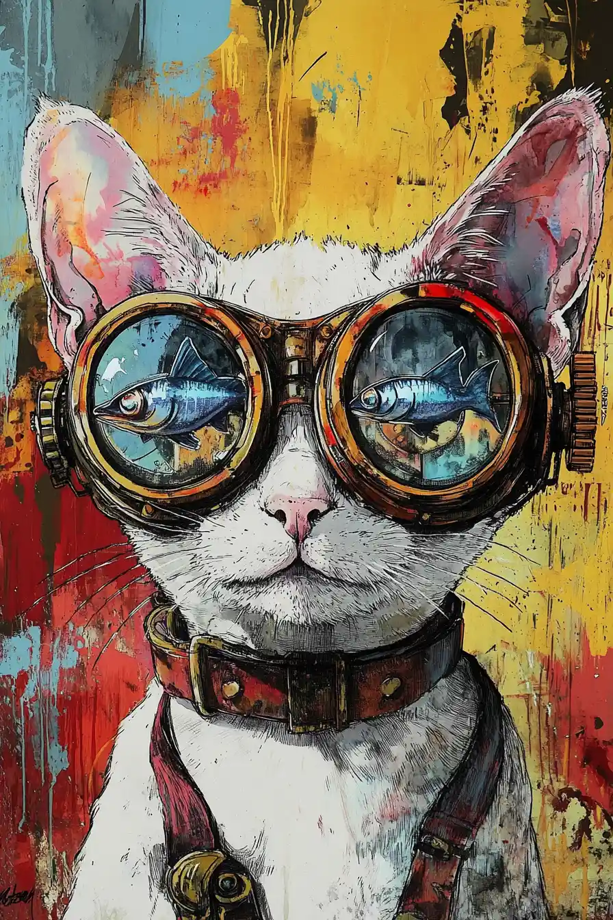 White devon rex cat in steampunk goggles illustration