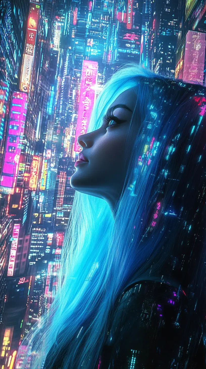 Blue haired woman in neon cyberpunk futuristic cityscape