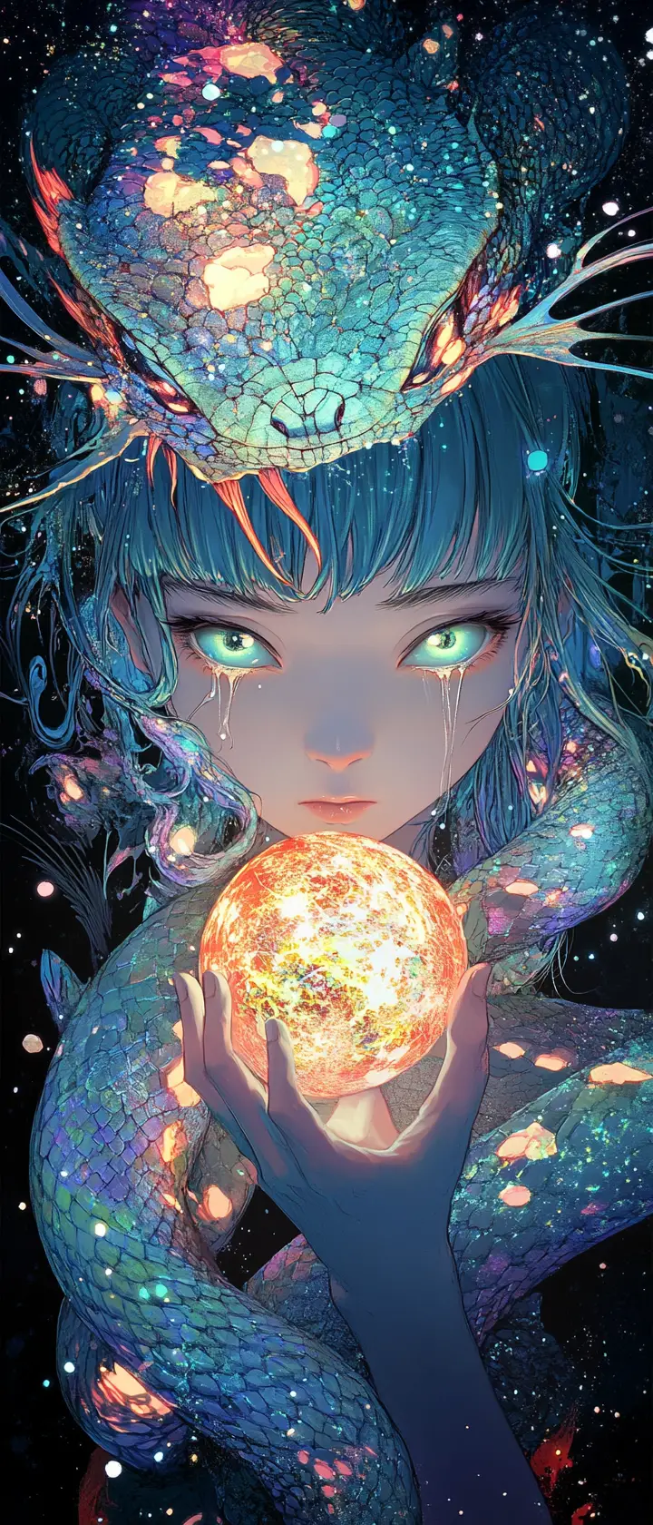 Anime girl in a glowing cosmic void with orb