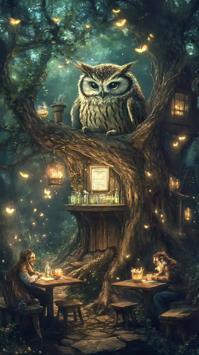 Mystical Forest Cafe With Owl Barista And Glowing Drinks