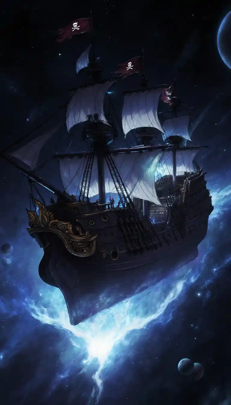 Anime pirate ship sailing through a dark cosmic galaxy