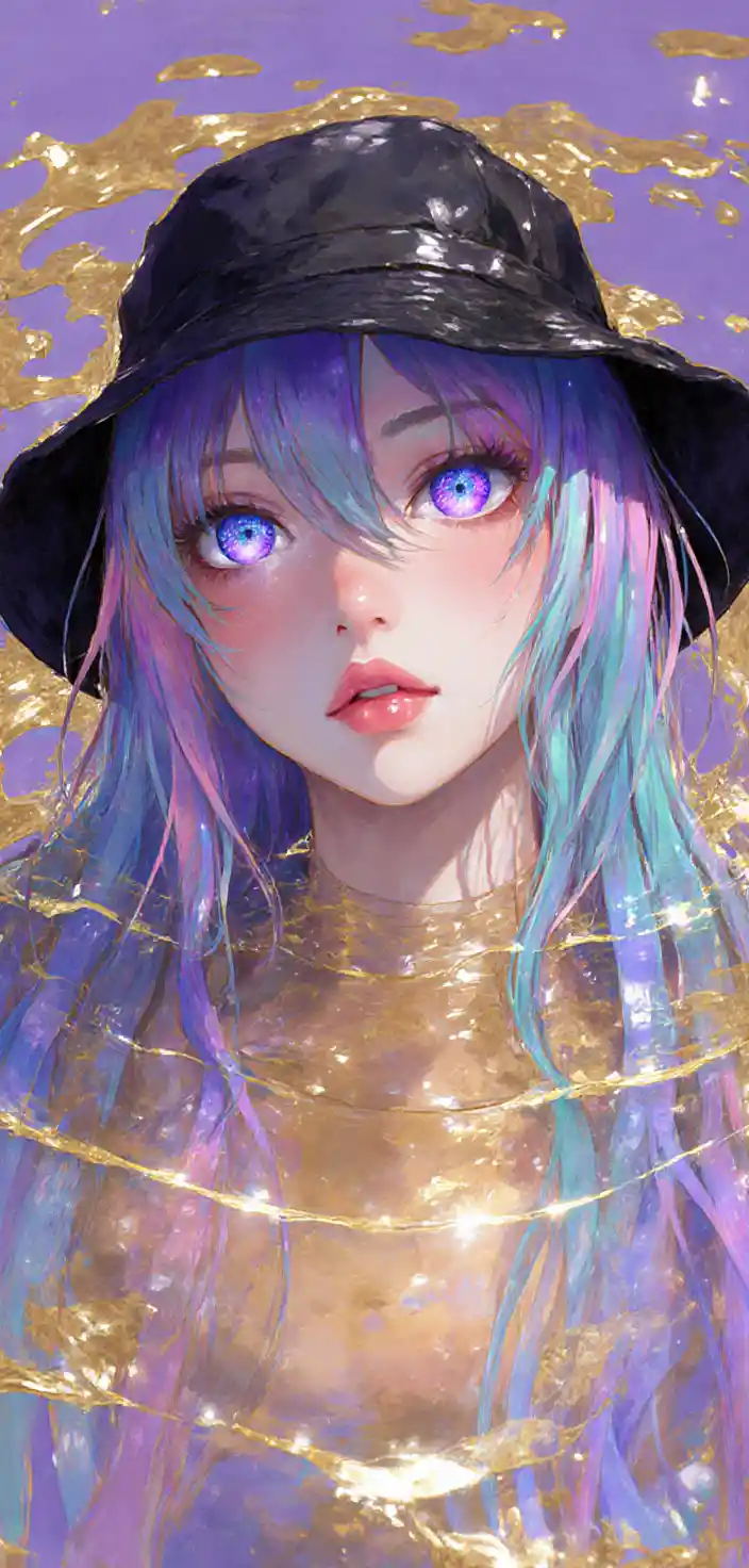 Surreal Anime Woman In Glowing Golden And Purple Waters