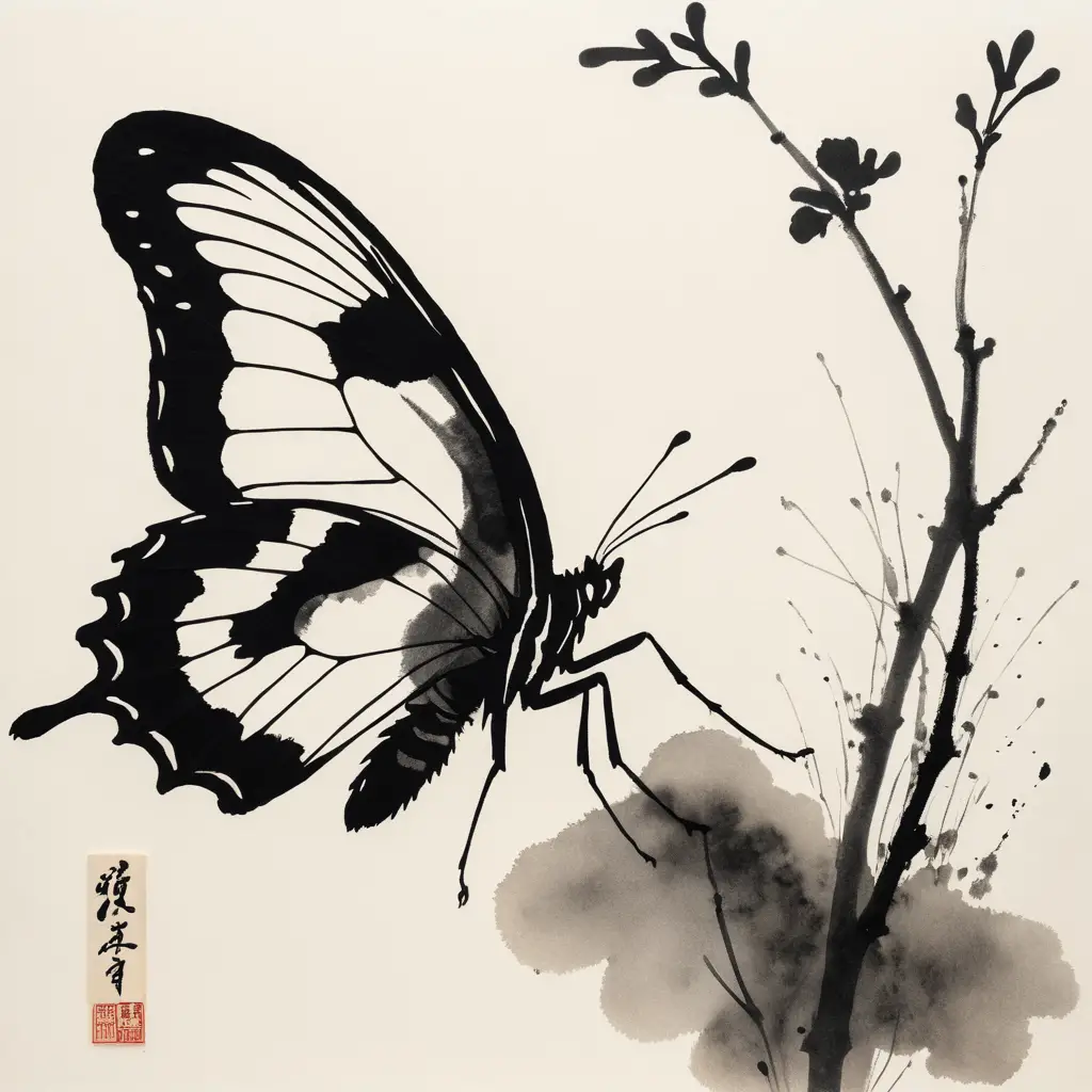 Ink Butterfly And Faint Cat In Japanese Sumi E Style