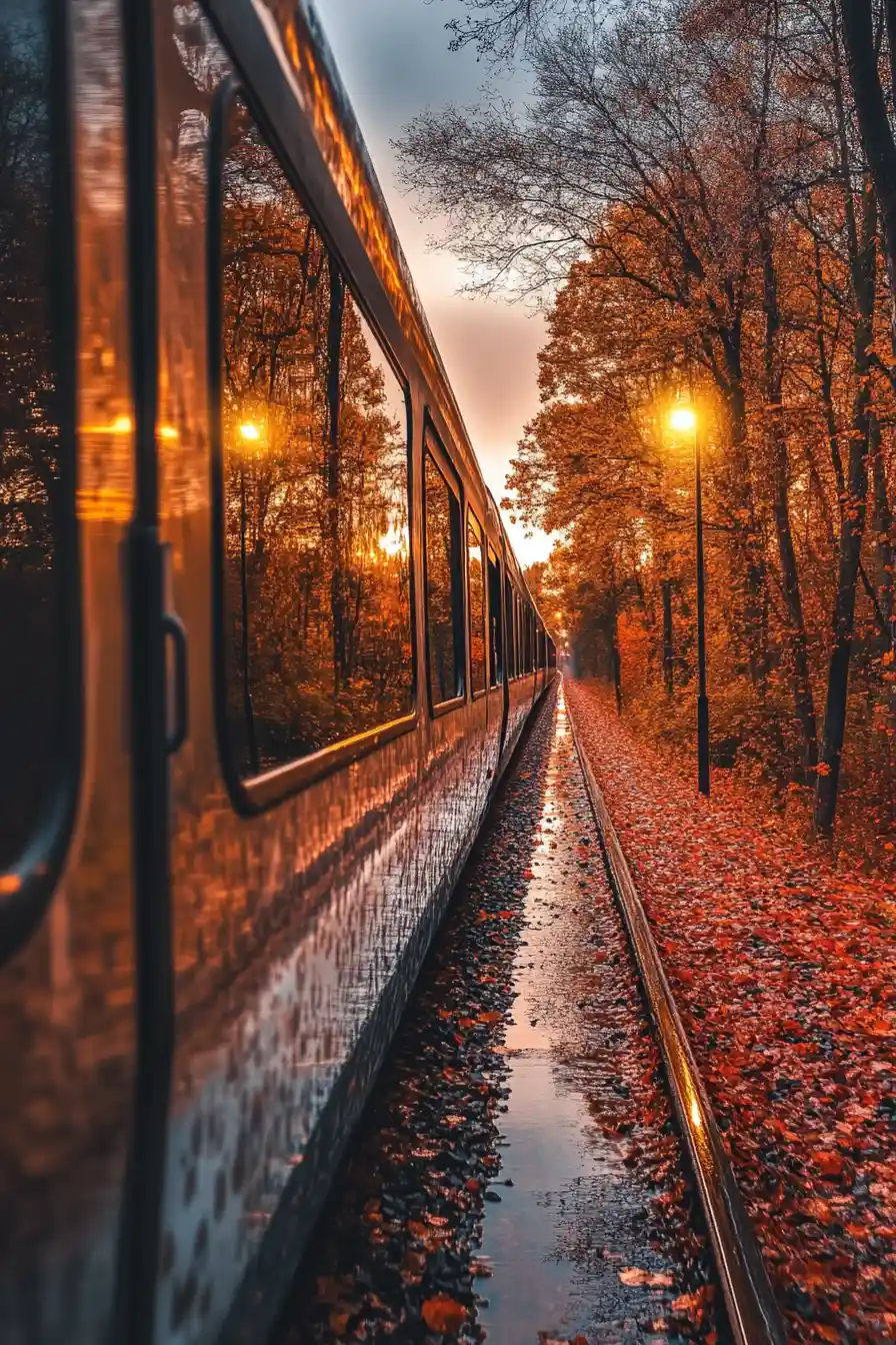 Cinematischer Low-Angle-Blick auf einen Zug im Herbstwald