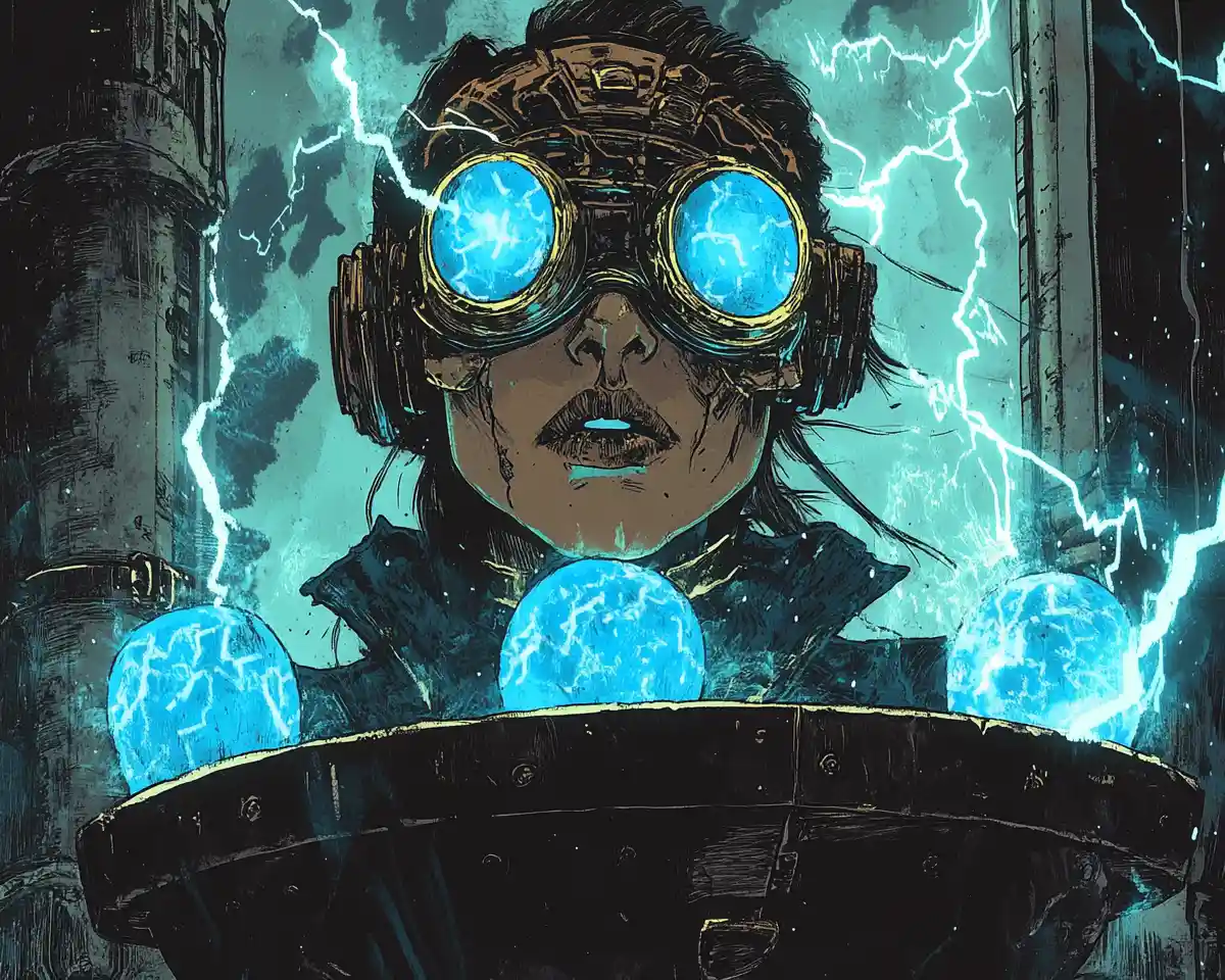 Steampunk-Erfinderin neben leuchtender Blitzmaschine