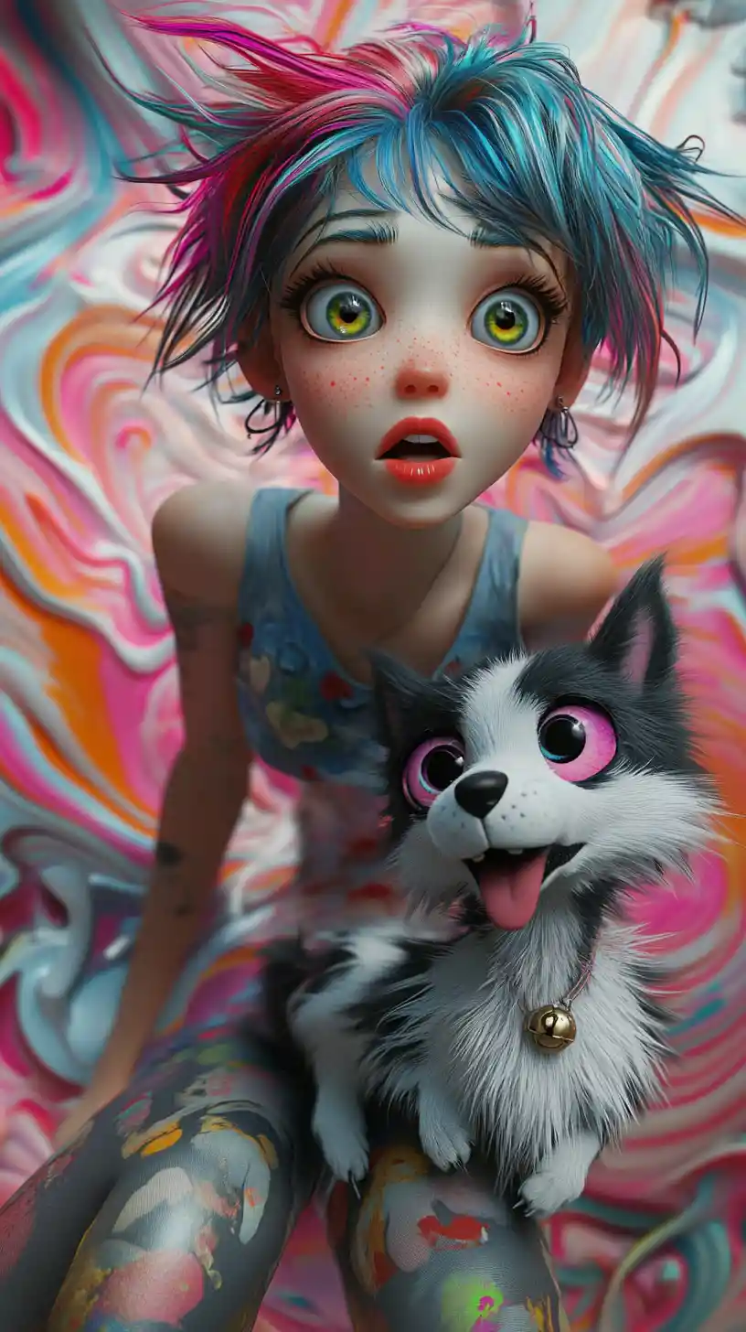 Confident anime woman close up with colorful short hair