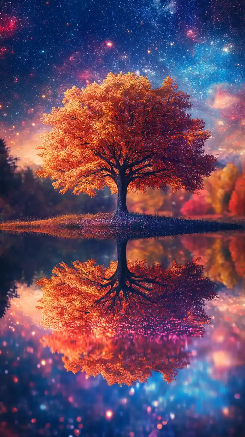 Tree of life glowing above a calm reflective lake