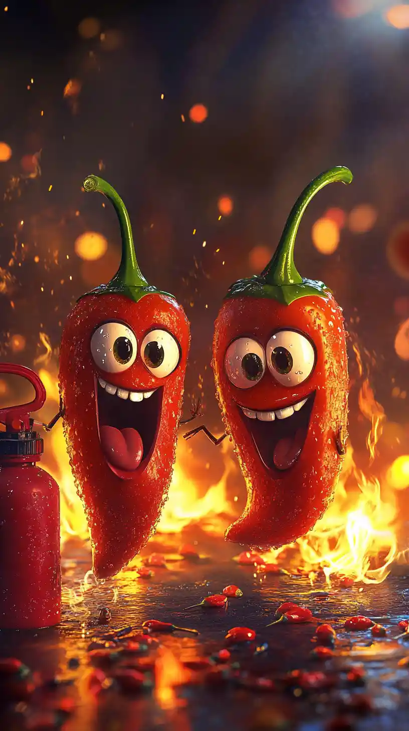 Flaming Cartoon Chili Peppers With Fire Extinguisher Chaos
