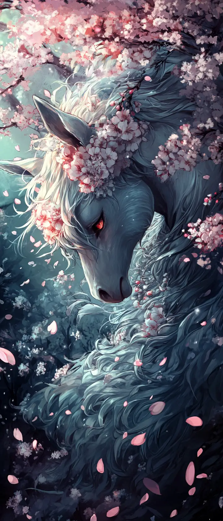 Anime girl with unicorn guardian in cherry blossom grove