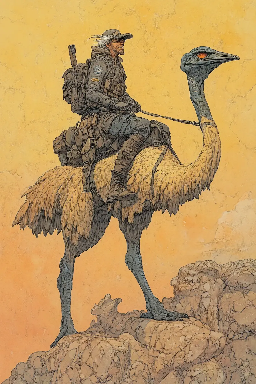 Sci fi adventurer riding a flying ostrich illustration