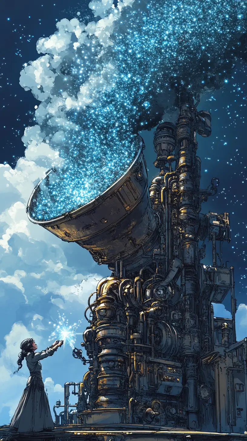 Steampunk inventor woman cranking a star gathering machine