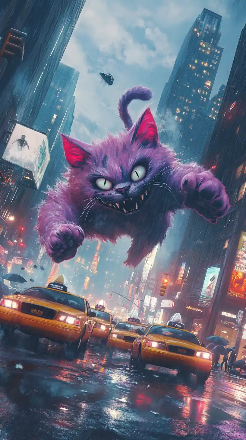 Giant neon cheshire cat causing chaos on city street