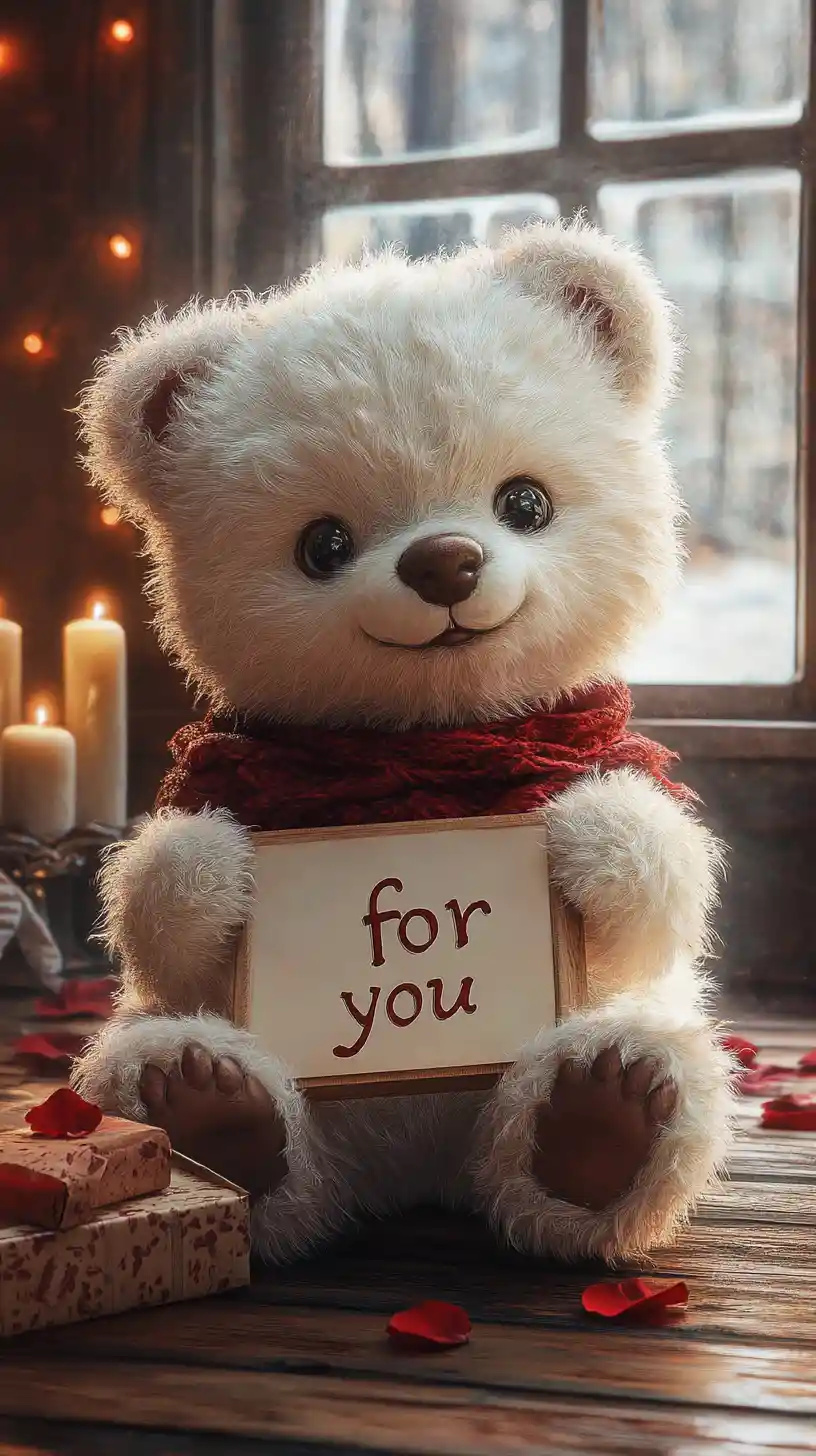 Cute white teddy bear with chocolates on wooden floor