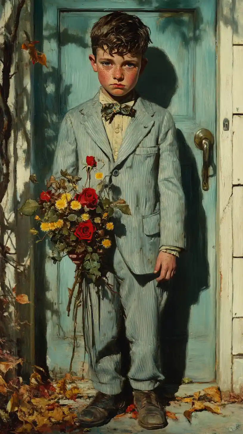 Young boy in blue suit holding wilted roses at door