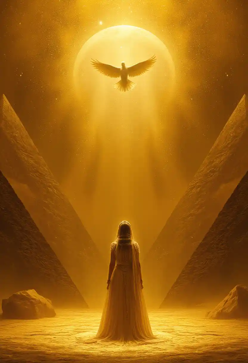 Golden portrait of Cleopatra with pyramids and dove