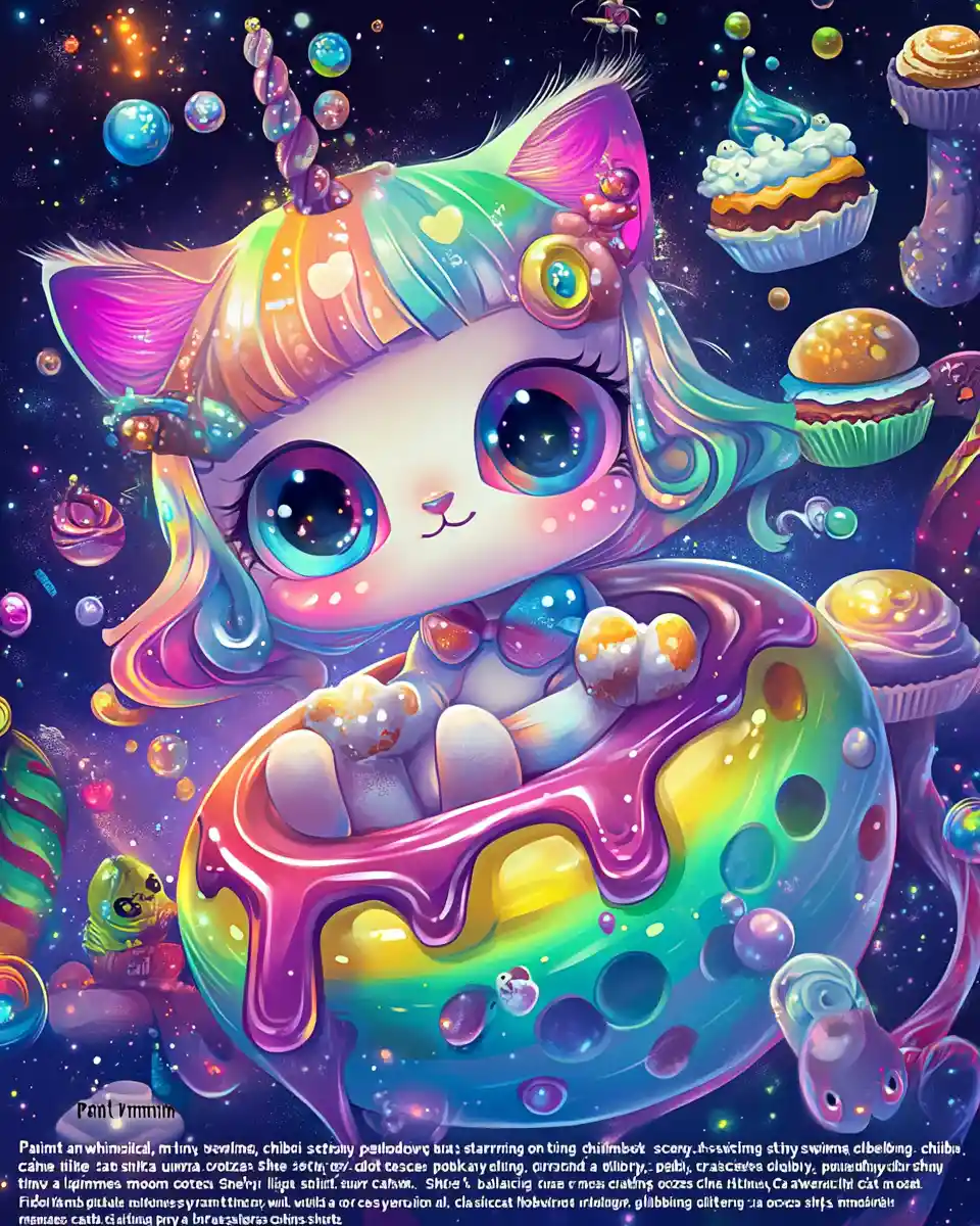 Chibi cat girl balancing on a magical crescent moon