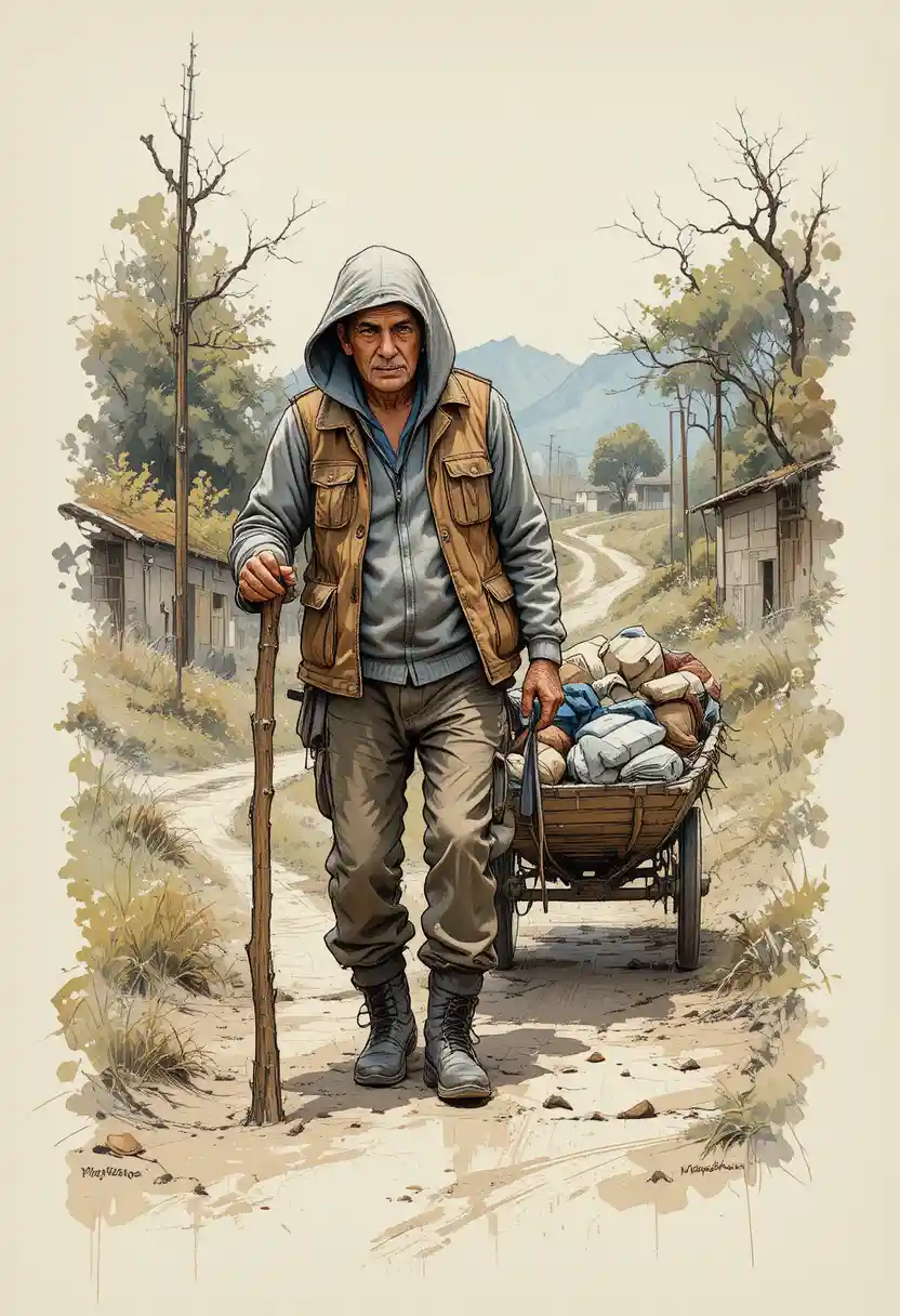 Elderly traveler on a rural path in oil painting