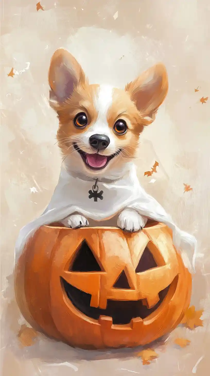 Playful puppy in ghost costume sitting on carved pumpkin
