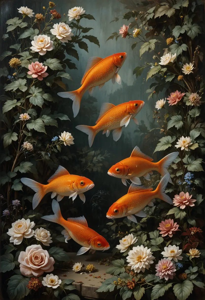 Goldfish Swimming Among Foliage In Classical Painting Style