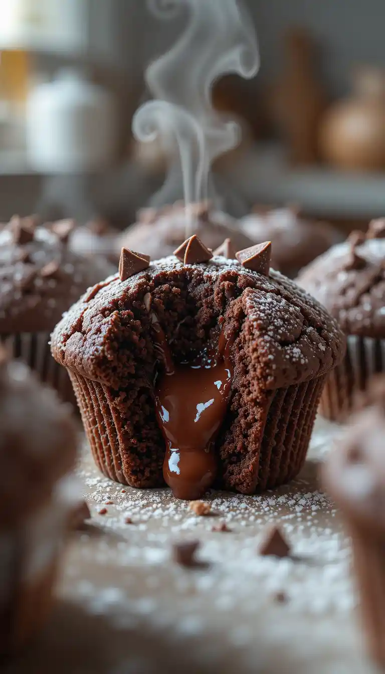 Nahaufnahme von warmen Schokoladenmuffins mit geschmolzenem Topping