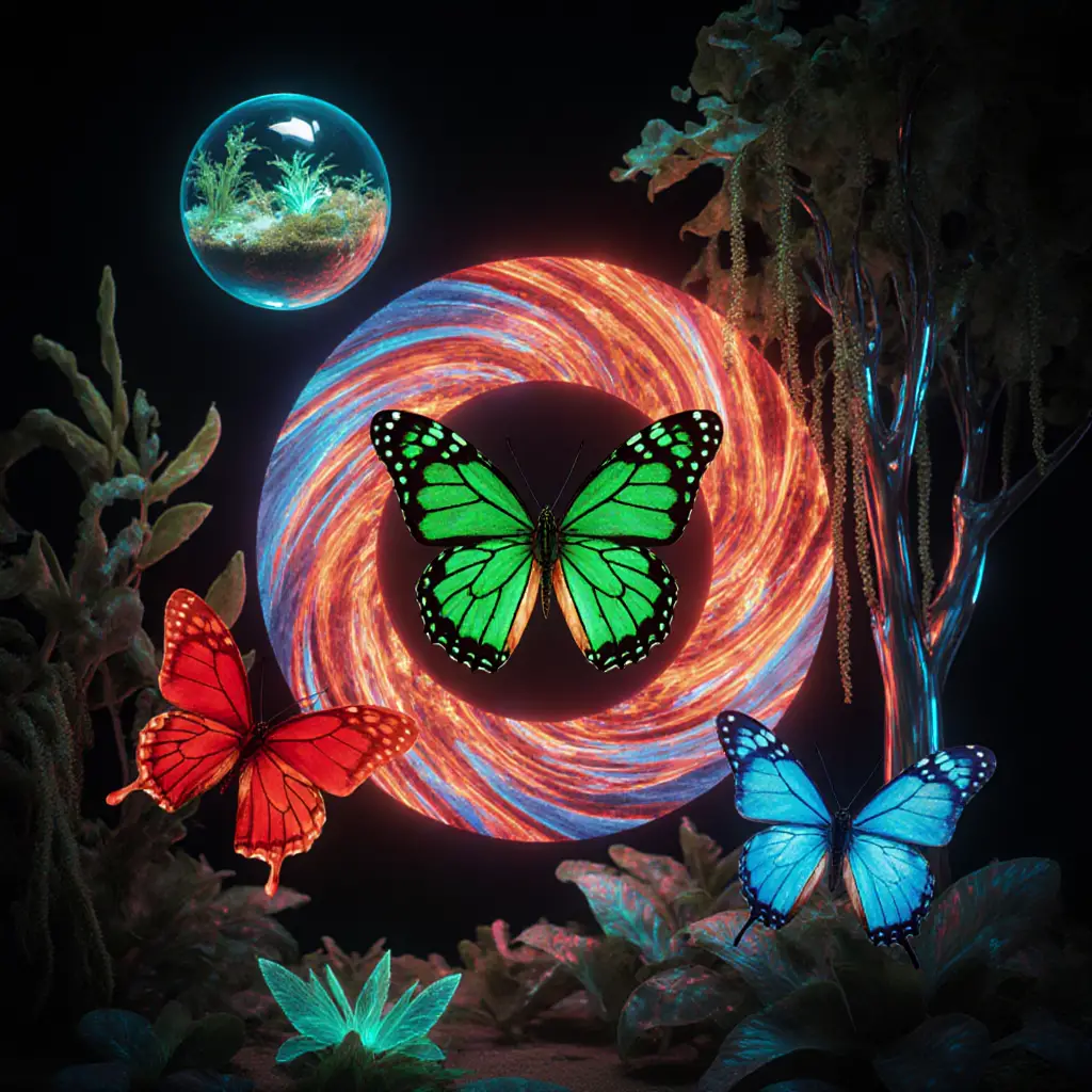 Vibrant butterflies in a glowing futuristic nature scene