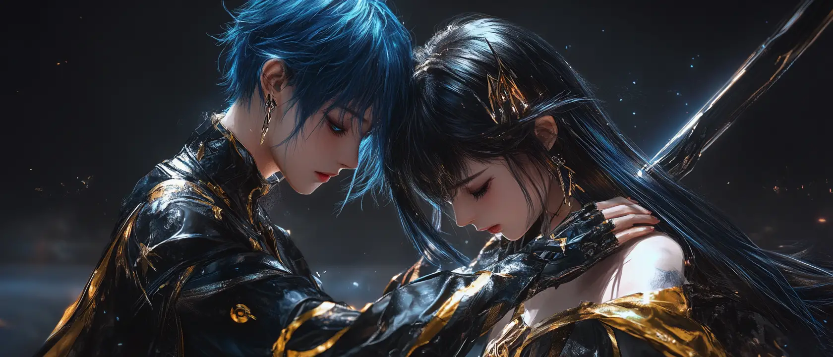 Two siblings in a dark fantasy duel at swordpoint