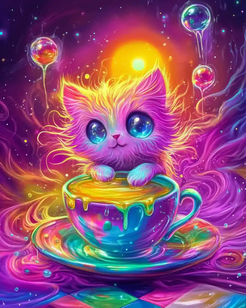 Chibi cat on a glowing crescent moon in neon sky