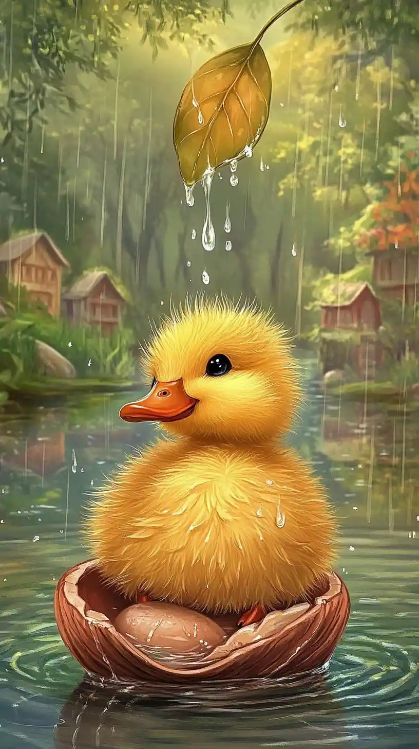 Cute duckling in a nutshell on a forest pond