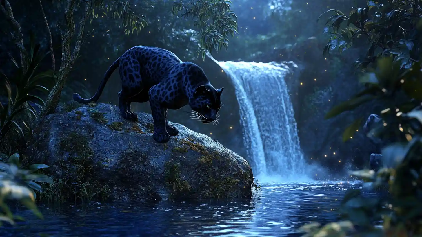 Black panther by a moonlit rainforest waterfall pool