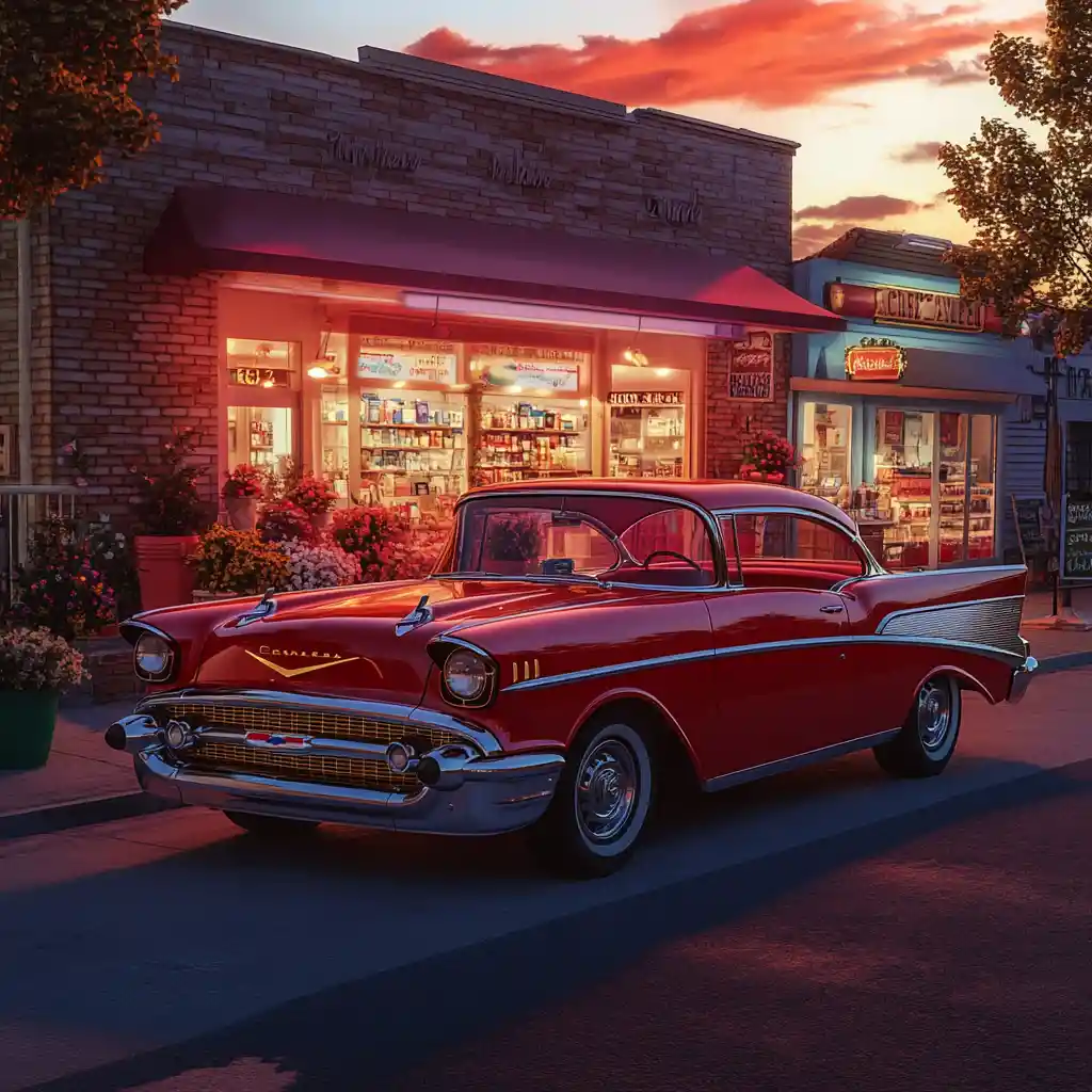 Red 1957 Chevrolet On Quiet Small Town Street At Sunset