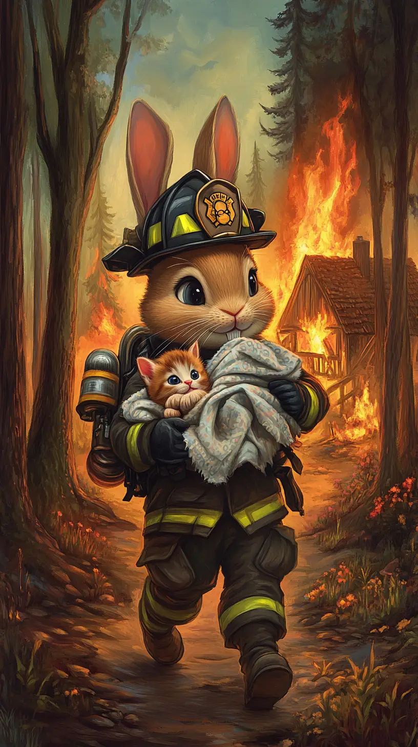 Cute bunny firefighter rescuing a kitten from burning house