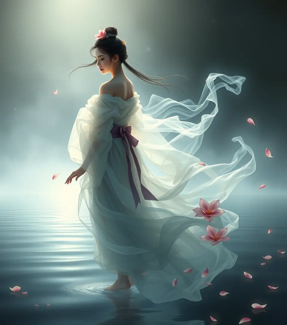 Ethereal Vietnamese spirit woman drifting over misty lake