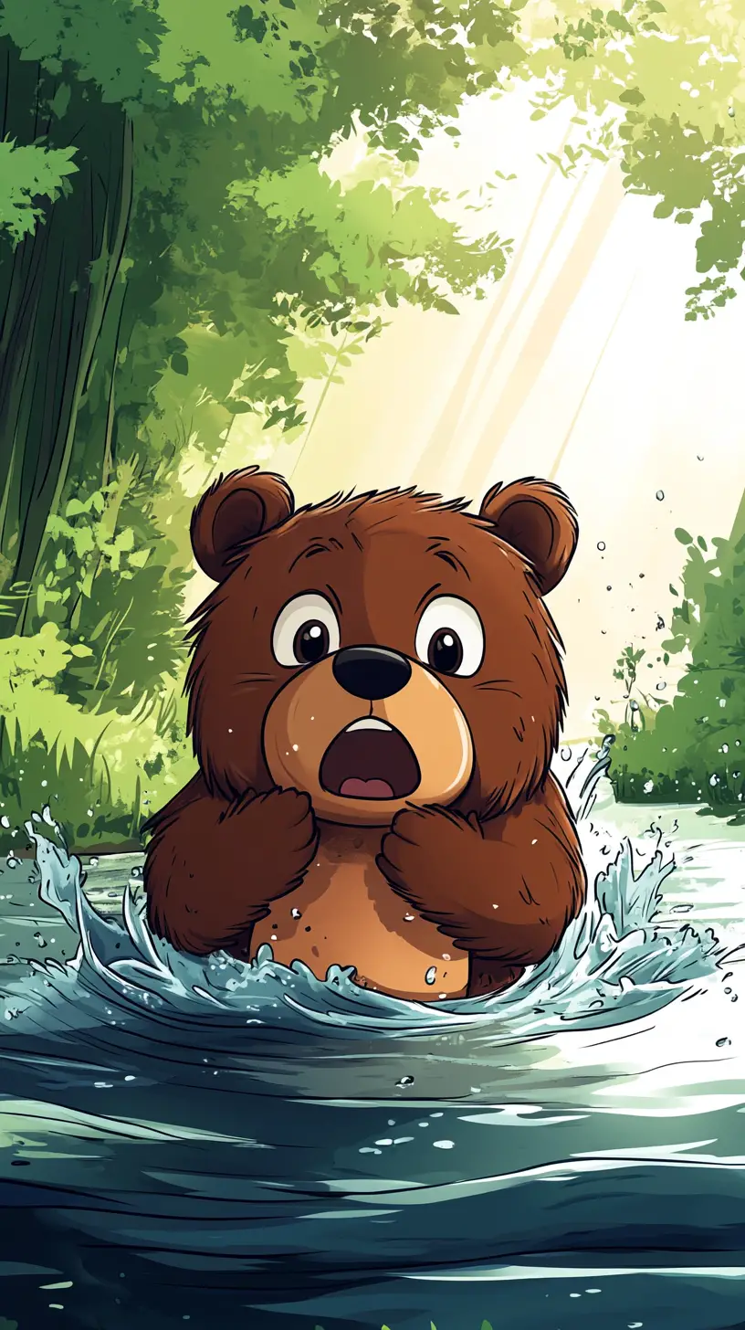 Cute cartoon bear slipping into a river in daylight